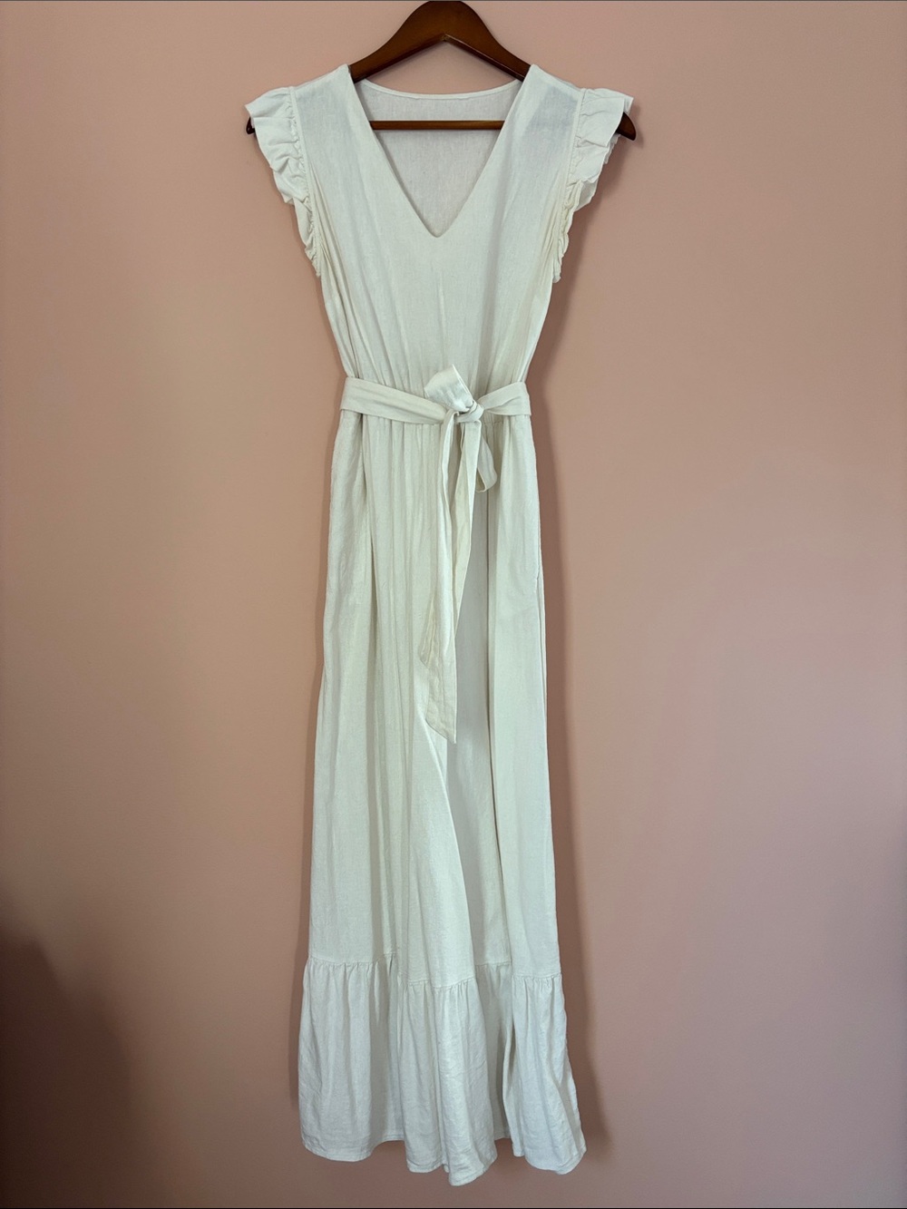 Vintage 80’s Cotton White Ruffle-Sleeve V-Neck Maxi Dress with Belt